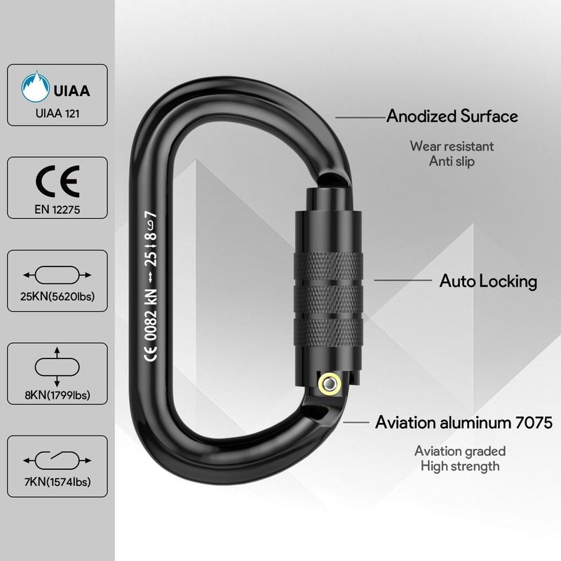 FVW CE Certified Auto Locking Climbing Carabiners, Professional 25KN (5620 lbs) Heavy Duty Caribeaners for Rappelling Swing Rescue & Gym etc, Large D-Shaped Carabiners - Image 5